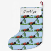 グリーンおもしろいカエルの芝刈り漫画 スモールクリスマスストッキング (裏面)