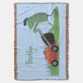 グリーンおもしろいカエルの芝刈り漫画 スローブランケット (正面縦)