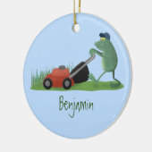 グリーンおもしろいカエルの芝刈り漫画 セラミックオーナメント (左)