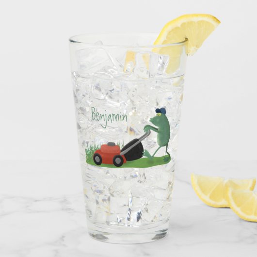 グリーンおもしろいカエルの芝刈り漫画 タンブラーグラス (アイス裏面)