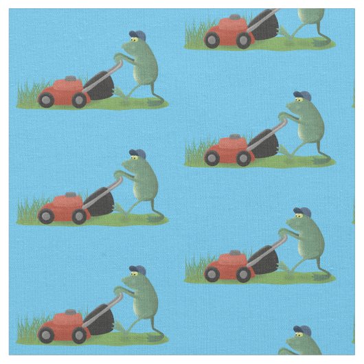 グリーンおもしろいカエルの芝刈り漫画 ファブリック (クローズアップ)