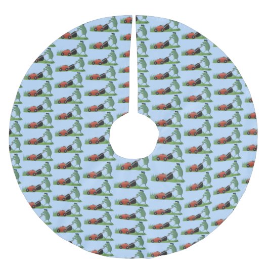 グリーンおもしろいカエルの芝刈り漫画 ブラッシュドポリエステルツリースカート (正面)