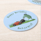 グリーンおもしろいカエルの芝刈り漫画 ラウンドペーパーコースター (アングル)