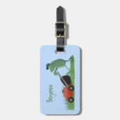 グリーンおもしろいカエルの芝刈り漫画 ラゲッジタグ (正面縦)