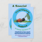 グリーンおもしろいカエルの芝刈り漫画 招待状 (正面/裏面)