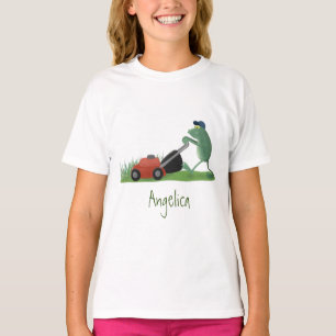 グリーンおもしろいカエルの芝刈り漫画 Tシャツ