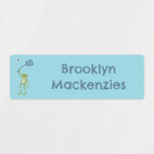 グリーンおもしろいカエルの飛ぶフライパーソナライズされたアニメ ラベル (デザイン1)