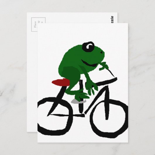 グリーンおもしろいカエル乗用自転車 ポストカード (正面/裏面)