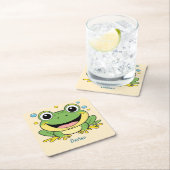 グリーンおもしろいカエル動物の野生動物の漫画誕生日 スクエアペーパーコースター (インサイチュ)