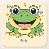グリーンおもしろいカエル動物の野生動物の漫画誕生日 スクエアペーパーコースター (正面)