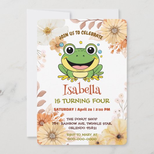 グリーンおもしろいカエル動物の野生動物の漫画誕生日 招待状 (正面)