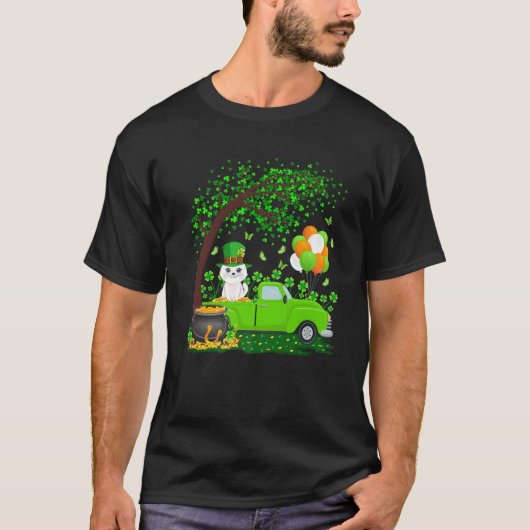 グリーンおもしろいトラックシャムロックリーフキャットSt patricksダ Tシャツ (正面)