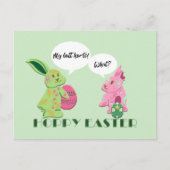 グリーンおもしろいピンクイースターバニーイラストレーション シーズンポストカード (正面)