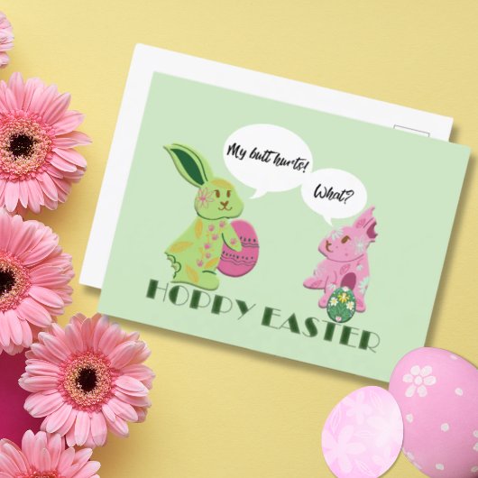 グリーンおもしろいピンクイースターバニーイラストレーション シーズンポストカード