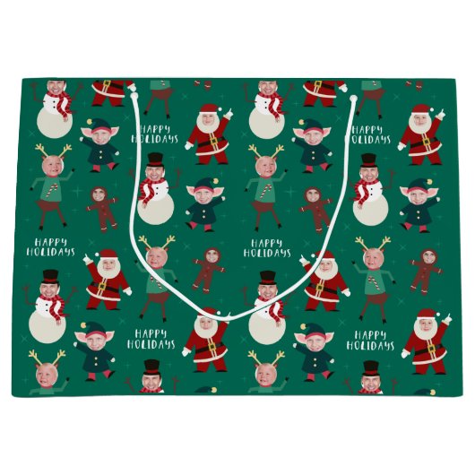 グリーンおもしろいファミリーフォトホリデー抱き枕 ラージペーパーバッグ (正面)