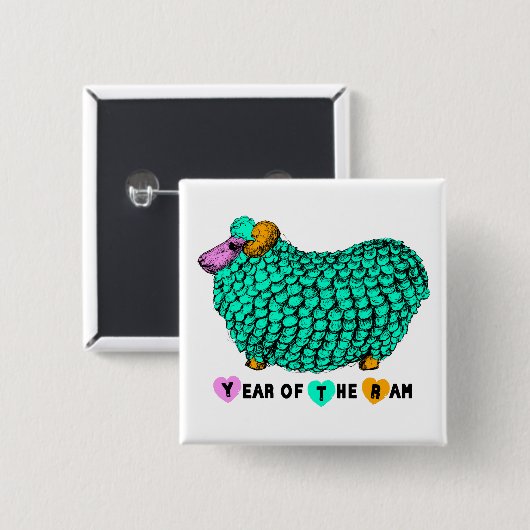 グリーンおもしろいラム年中国の〔占星術の〕十二宮図スクエアB 缶バッジ (正面&裏面)