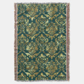 グリーンおよびメタリック金ゴールドヴィンテージフローラマスク スローブランケット (正面縦)