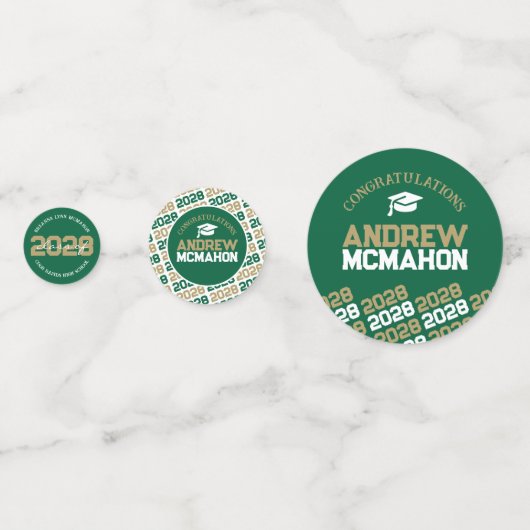 グリーンおよび金ゴールドクラスの任意の年のパーソナライズされたパーティー コンフェッティ (正面)