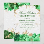グリーンおよび金ゴールドバラフローラSweet sixteenインビタット 招待状 (正面/裏面)
