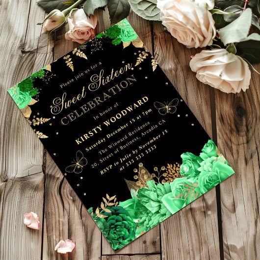 グリーンおよび金ゴールドバラフローラSweet sixteenインビタット 招待状