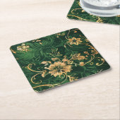 グリーンおよび金ゴールドフローラコースター スクエアペーパーコースター (アングル)