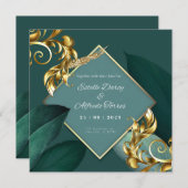 グリーンおよび金ゴールドモダンの仮想結婚式招待状 招待状 (正面/裏面)
