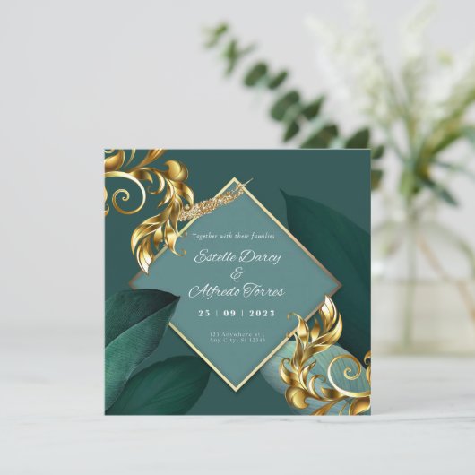 グリーンおよび金ゴールドモダンの仮想結婚式招待状 招待状 (スタンド正面)