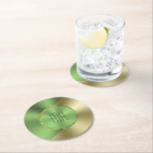 グリーンおよび金ゴールドモダンメタリック幾何学デザイン ラウンドペーパーコースター (インサイチュ)