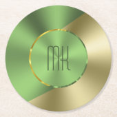 グリーンおよび金ゴールドモダンメタリック幾何学デザイン ラウンドペーパーコースター (正面)