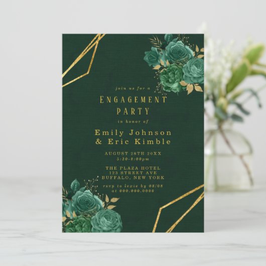 グリーンおよび金ゴールド幾何学的フローラ婚約パーティ 招待状 (スタンド正面)