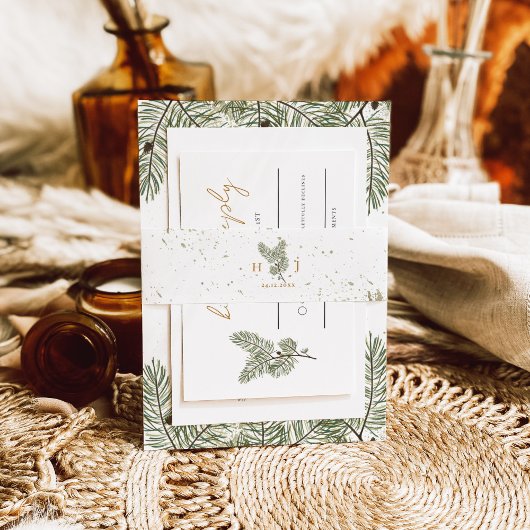 グリーンお洒落と金ゴールドパインコーン結婚ズ 招待状ベリーバンド