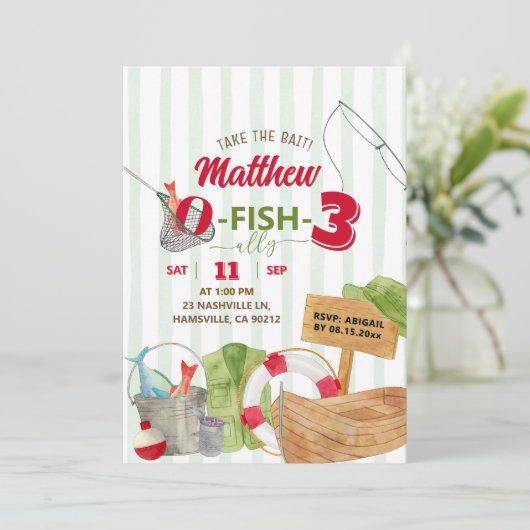 グリーンお洒落ストライプ魚釣り誕生日 招待状 (スタンド正面)