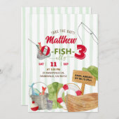 グリーンお洒落ストライプ魚釣り誕生日 招待状 (正面/裏面)