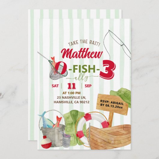 グリーンお洒落ストライプ魚釣り誕生日 招待状 (正面/裏面)