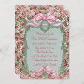 グリーンかわいらしとピンクのバラが最初の聖餐式 招待状 (正面/裏面)