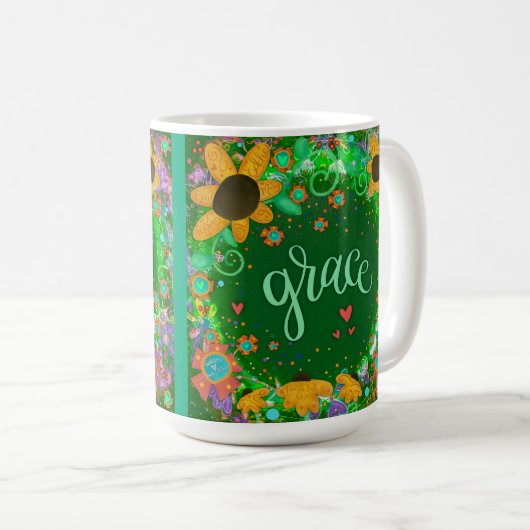 グリーンかわいらしグレースインスパイアのワンワードアート コーヒーマグカップ (正面右)