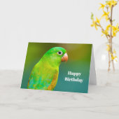 グリーンかわいらしパロットフォト誕生日 カード (黄色い花)
