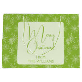 グリーンかわいらしホワイトスノーフレークスクリスマスホリデー ラージペーパーバッグ (正面)