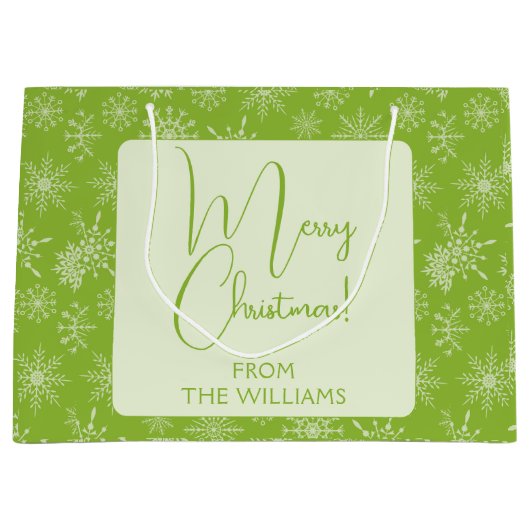 グリーンかわいらしホワイトスノーフレークスクリスマスホリデー ラージペーパーバッグ (正面)