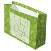 グリーンかわいらしホワイトスノーフレークスクリスマスホリデー ラージペーパーバッグ (正面アングル)