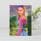 グリーンかわいらし金ゴールドマーメイド写真甘い16パーティー 招待状 (スタンド正面)