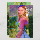 グリーンかわいらし金ゴールドマーメイド写真甘い16パーティー 招待状 (正面/裏面)