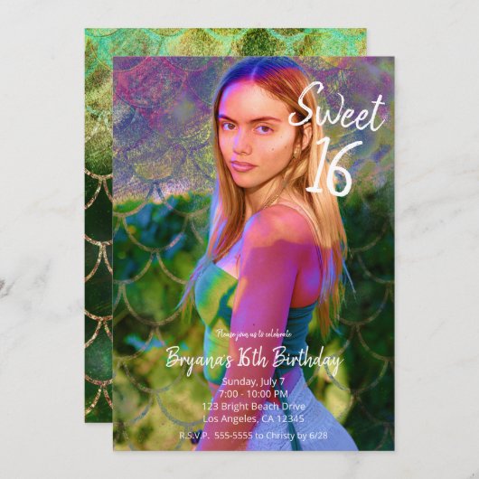 グリーンかわいらし金ゴールドマーメイド写真甘い16パーティー 招待状 (正面/裏面)