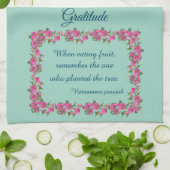 グリーンかわいらし&ピンクローズ感謝 キッチンタオル (折り畳み)