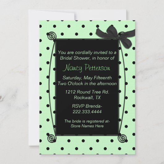 グリーンかわいらし&ブラック水玉模様ブライダルシャワー 招待状 (正面)