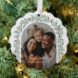 グリーンがかったアーチのカリグラフィー写真 クリスマス ホリデー オーナメントカード