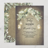グリーンがかったメイソンジャー ライトの田舎風ベイビーシャワー 招待状 (正面/裏面)