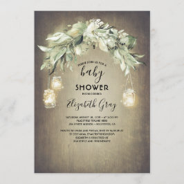 グリーンがかったメイソンジャー ライトの田舎風ベイビーシャワー 招待状