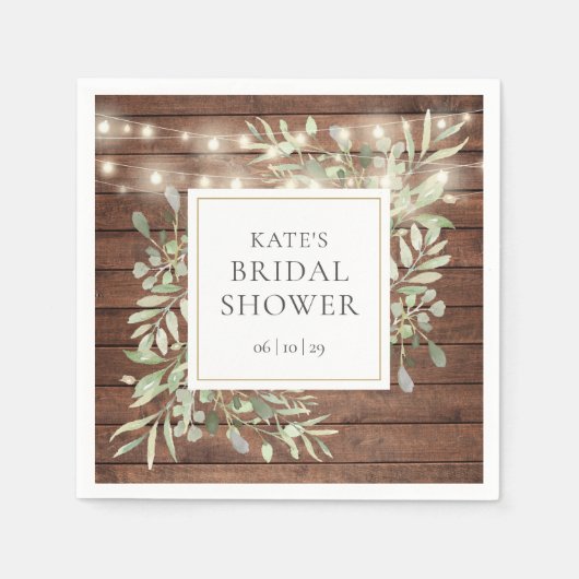 グリーンがかった木製のストリングライト ブライダルシャワー スタンダードカクテルナプキン (正面)