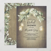 グリーンがたくさんあるメイソンジャー ライトの田舎風の花嫁のシャワー 招待状 (正面/裏面)